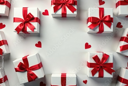 Elegant red ribbon tied gift boxes, repeating pattern, celebration, paper, decoration