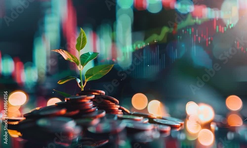 A small green plant grows from a pile of shiny coins, symbolizing growth and potential in a financial context.