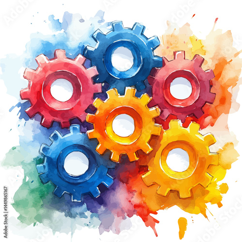 illustration of Mechanical Gear System, watercolor vector, isolated on a white background.