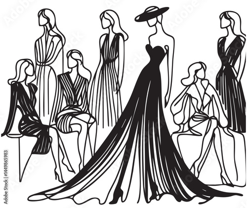 Hand drawn elegant fashion models sitting. Stylish girls. Fashion woman look. Sketch. Black and white