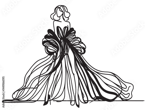 Elegant Long Dress Black and White Line Art. Abstract fashion models