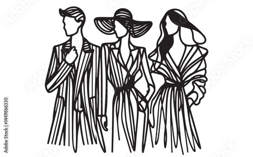 Black line hand drawn fashion illustration. Two girls and boy. Abstract