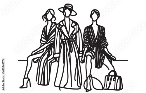Hand drawn elegant fashion models sitting. Stylish girls. Fashion woman look. Sketch. Black and white