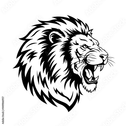 Black and white illustration of a roaring lion ideal for logos, tshirts, posters, and tattoos with a strong and powerful theme.