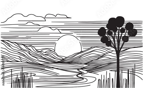 Abstract line sketch landscape. Vector Background