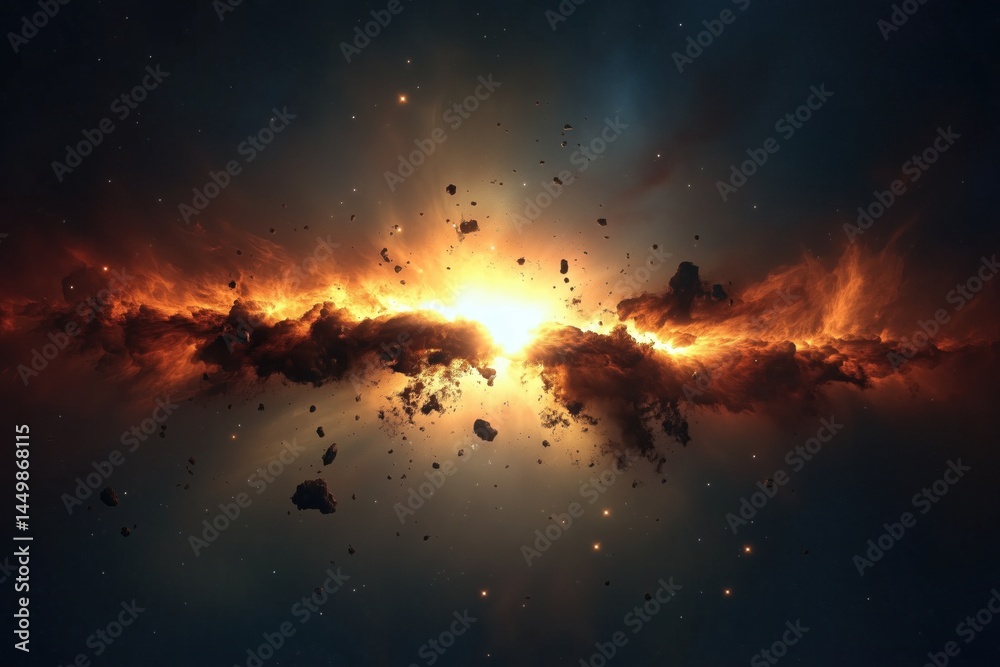 Fototapeta premium Explosive cosmic rift with glowing orange light and asteroid debris