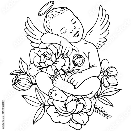 sleeping baby angel with flowers, handdrawn vector illustration