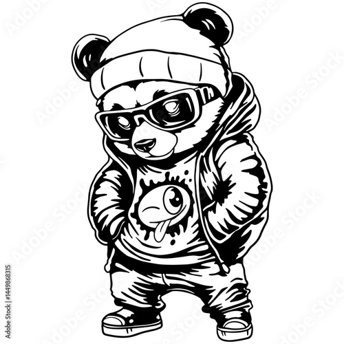 cool panda in streetwear, handdrawn vector illustration
