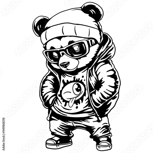 cool panda in streetwear, handdrawn vector illustration