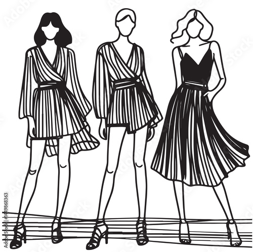 Black line hand drawn ink fashion illustration. Three girls in dress, skirts. Woman silhouette