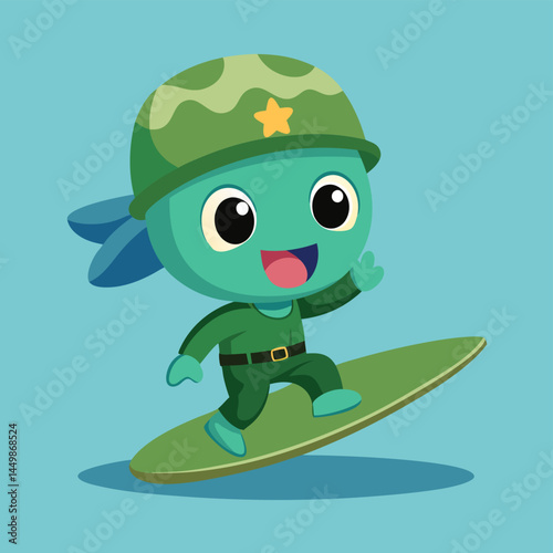 Meet our adorable army character catching waves and surfing in this playful cartoon illustration! This design combines military attire with the excitement of surfing, perfect for themed events, childr