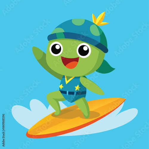 Meet our adorable army character catching waves and surfing in this playful cartoon illustration! This design combines military attire with the excitement of surfing, perfect for themed events, childr