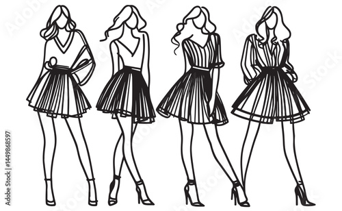 Black line hand drawn ink fashion illustration. Four girls in dress, skirts. Woman silhouette