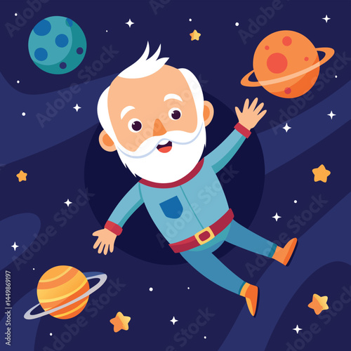 Explore our adorable grandfather, joyfully floating in outer space in this delightful cartoon illustration! This playful design blends the wisdom and warmth of a grandfather with the wonder of space e