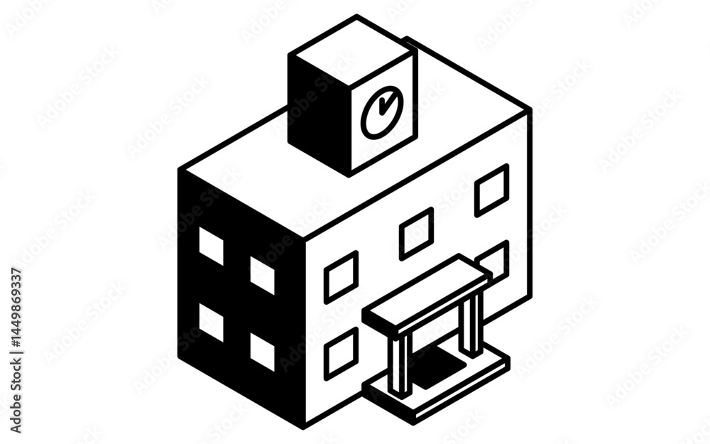 学校校舎のシンプルな線画アイコン、アイソメトリックイラスト