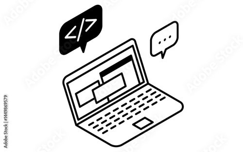 ノートパソコンでプログラミングするシンプルな線画アイコン、アイソメトリックイラスト