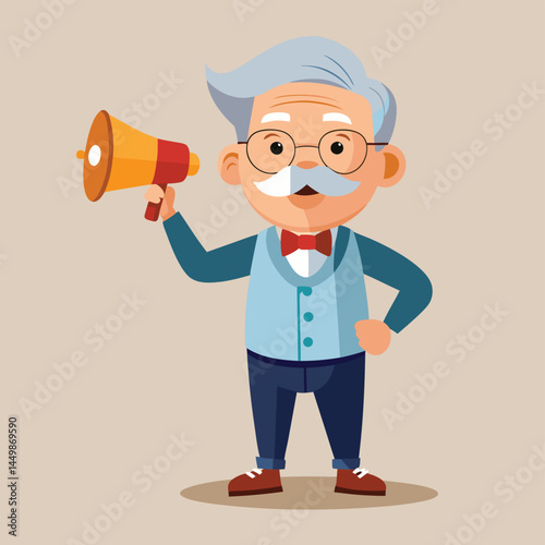 Discover our lovable grandfather, energetically speaking through a megaphone in this delightful cartoon illustration! This playful design captures the wisdom and authority of an elder figure using mod
