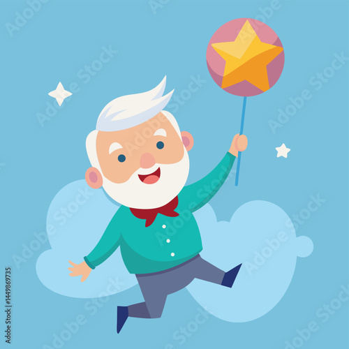 Explore our lovable grandfather joyfully floating with a star-shaped balloon towards the sky in this delightful cartoon illustration! This whimsical design captures the spirit of adventure and dreams,