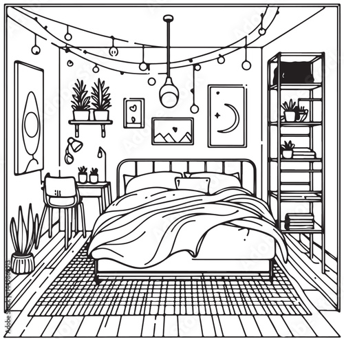 Bed doodle icon in vector. Hand drawn bed sketch. Children room