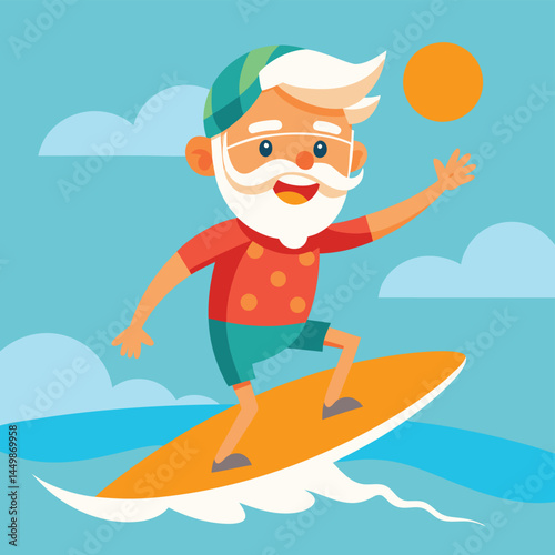 Dive into fun with our lovable grandfather catching waves and surfing at the beach in this delightful cartoon illustration! This playful design captures the joy and adventure of senior citizens enjoyi
