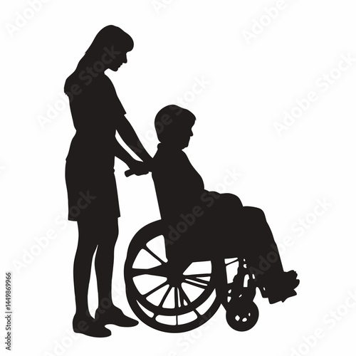 Silhouette of a woman pushing a wheelchair with senior patient sit on it. Concept of caregiving, mother's day, international nurse's day