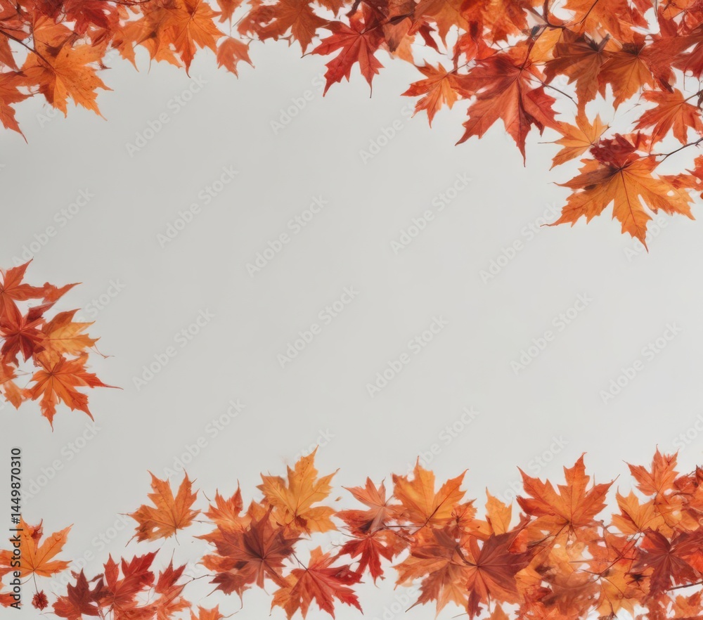 Vibrant red and orange maple leaves falling against a stark white backdrop , detail, season Vibrant red and orange maple leaves falling against a stark white backdrop , detail, season