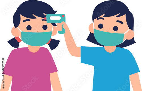 Girl using infrared thermometer to check another girl's temperature Both wearing face masks Health safety precaution