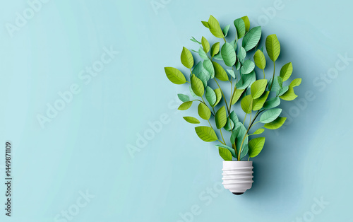 Green plant growing with the shape of light bulb over blue background. Green and renewable energy concept. Efficiency and innovation.