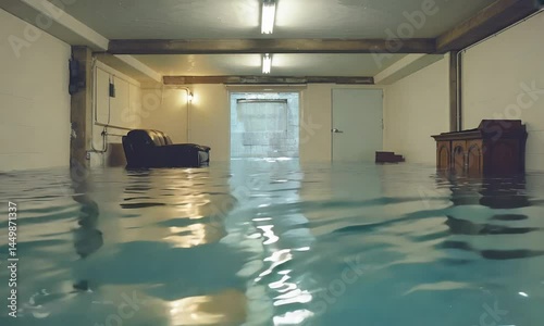 A flooded basement with furniture partially submerged in water, characterized by the reflection of light on the water's surface.