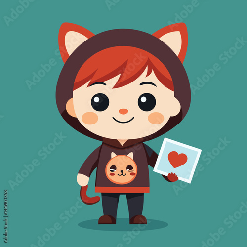 Explore the charm of our adorable boy dressed as a cat, confidently holding a correct sign in this delightful illustration! This playful character design blends whimsy with clarity, perfect for educat
