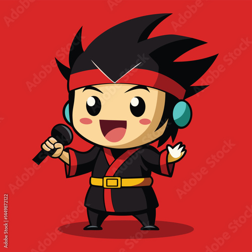 Discover the charm of our adorable samurai boy, passionately singing into a microphone in this delightful mascot illustration! This playful design merges the traditional elements of samurai with the m