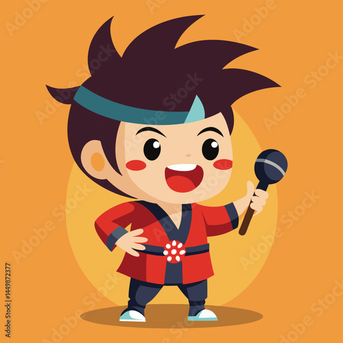 Discover the charm of our adorable samurai boy, passionately singing into a microphone in this delightful mascot illustration! This playful design merges the traditional elements of samurai with the m