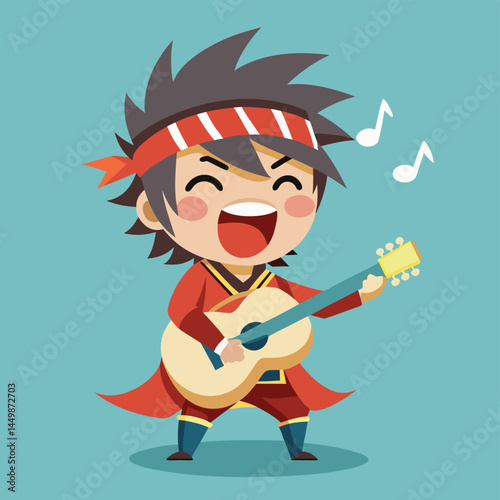 Discover our adorable samurai boy, strumming a guitar and singing with passion in this charming mascot illustration! This playful design blends the traditional attire of a samurai with the modern flai