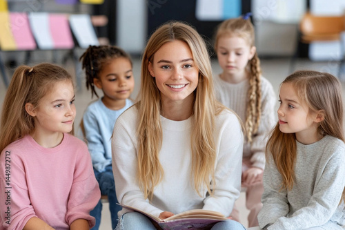 Teacher reads an engaging story to children in a bright classroom setting during a group learning session