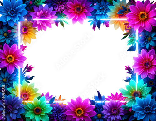 vibrant floral neon frame png, transparent bloom border arrangement, botanical spring overlay, colorful flower illustration, daisy aster frame, digital scrapbooking floral, colorful flower art,