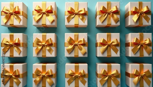 Elegant gold ribbon tied gift boxes, repeating pattern, design, sparkle, shine