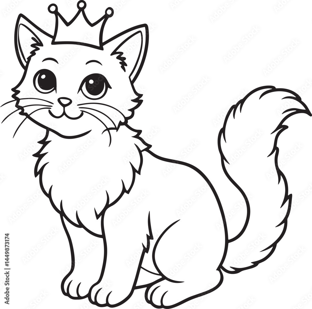 Obraz premium A fluffy kitten wearing a tiny crown coloring page, Bold and easy, the background is white