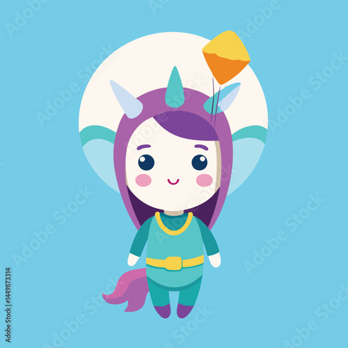 Meet our charming girl dressed as a unicorn, joyfully depicted with a parachute in this delightful illustration! This whimsical character design combines the magic of unicorns with the adventurous spi