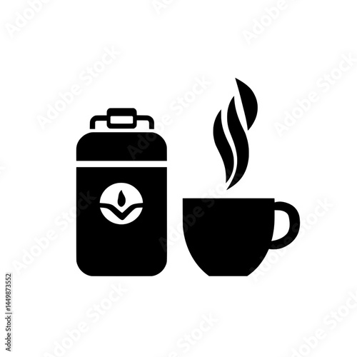 Hot beverage mug and thermos with steam in black icon representing coffee to-go, tea break, or cafe refreshment