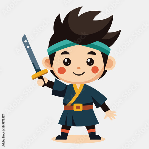 Discover our adorable samurai boy, energetically waving a sword in this charming mascot illustration! This playful design captures the spirit of bravery and action associated with samurai warriors, pe