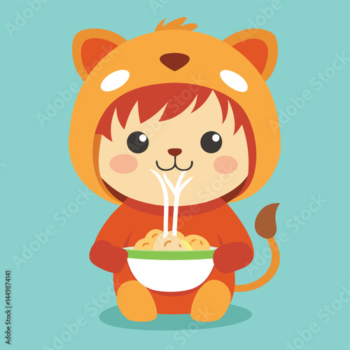 Dive into whimsy with our charming boy dressed as a lion, joyfully enjoying a bowl of ramen noodles in this delightful icon illustration! This playful design blends imaginative costume play with the c