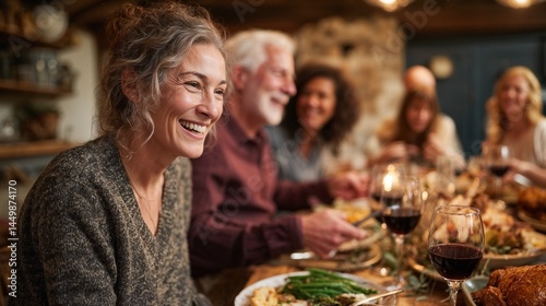 Family dinner, multiracial group laughing and sharing food, authentic setting