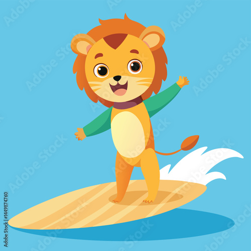 Dive into fun with our adorable boy dressed as a lion, skillfully surfing on the beach in this playful icon illustration! This whimsical design combines the imaginative world of costumes with the exci