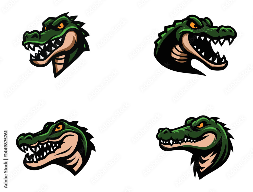 Obraz premium Alligator Mascot Head Icons – Cartoon Crocodile Logos and Animal Emblems for Esports Branding