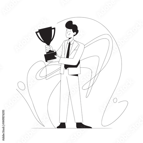 businessman holding trophy for winning