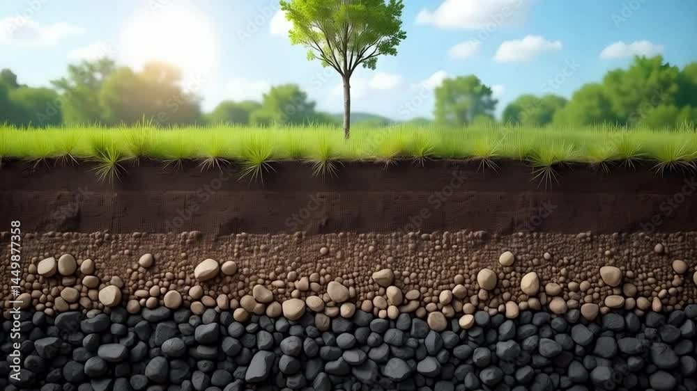 A cross section of soil layers with a tree on top, showing the different layers of soil, rocks and grass , with a blue sky