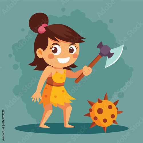 Discover the playful world of our adorable cavegirl, bravely using a stone axe to combat a virus in this whimsical illustration! This imaginative character design blends prehistoric charm with modern 