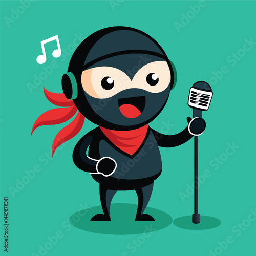 Explore the lively design of a cute ninja singing on a microphone in this mascot icon illustration. Perfect for adding a musical and entertaining touch to your projects, this illustration is ideal for