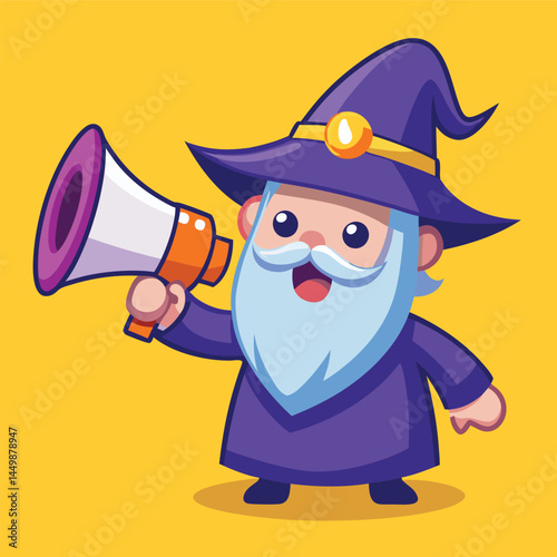Meet our charming wizard avatar, depicted energetically speaking through a megaphone in this delightful cartoon illustration! This whimsical character blends the enchantment of wizardry with the moder
