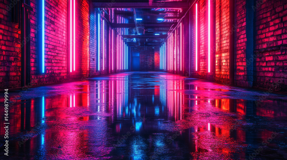 Fototapeta premium Moody cityscape with neon lights mirrored on wet concrete, evoking a nighttime street or studio scene under a faint urban glow